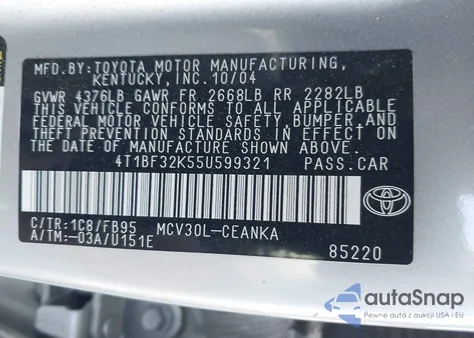 2005 Toyota Camry Le V6 z USA, uszkodzony, nr VIN 4T1BF32K55U599321